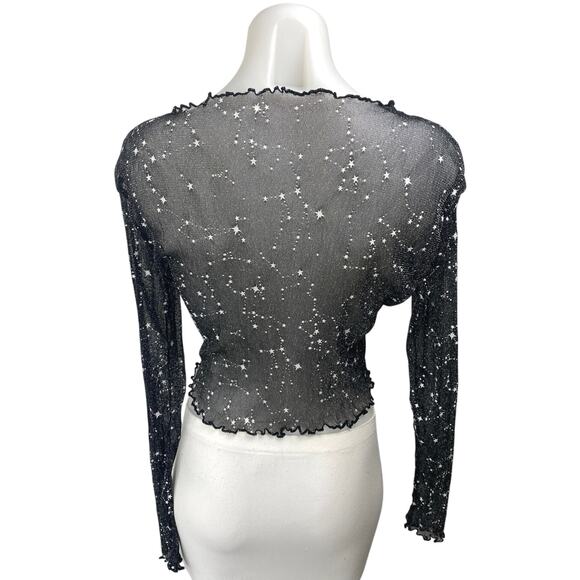 Women's Black Star Embellished Long Sleeve Mesh Sheer Crop Blouse Cover Up Top S - Picture 2 of 3
